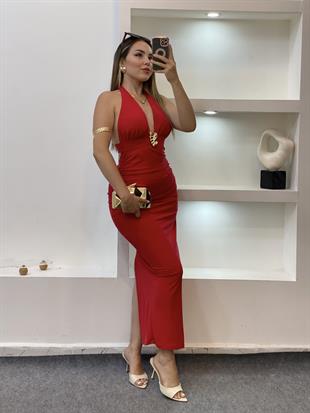 Kırmızı Premium Kalite Sırt Dekolteli Elbise