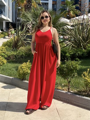Kırmızı Sırt Çapraz Model Viskon Tulum