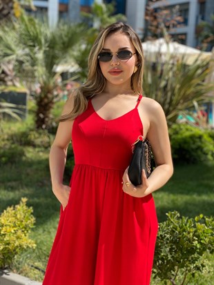 Kırmızı Sırt Çapraz Model Viskon Tulum