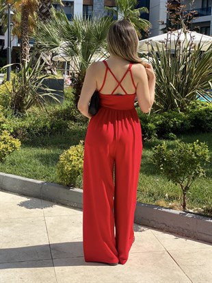 Kırmızı Sırt Çapraz Model Viskon Tulum