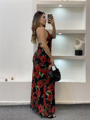 Kırmızı Siyah Çiçek Desenli Sırt Dekolteli Floral Elbise