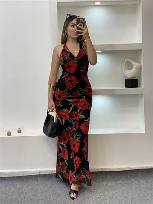 Kırmızı Siyah Çiçek Desenli Sırt Dekolteli Floral Elbise