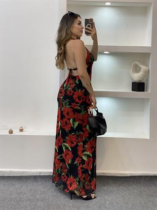 Kırmızı Siyah Çiçek Desenli Sırt Dekolteli Floral Elbise