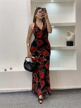 Kırmızı Siyah Çiçek Desenli Sırt Dekolteli Floral Elbise