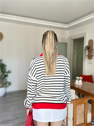 Kırmızı Siyah Çizgili Polo Yaka Triko 