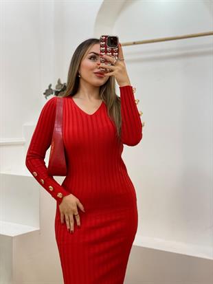 Kırmızı V Yaka Bilek Gold Düğmeli Triko Elbise