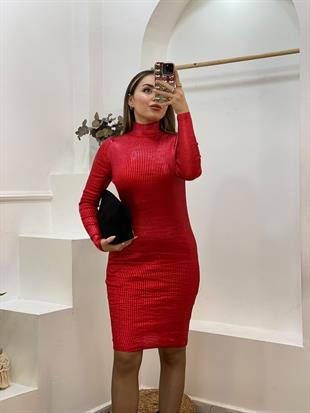 Kırmızı Varak Baskılı Triko Elbise