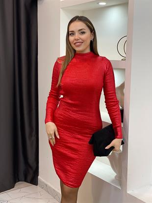 Kırmızı Varak Baskılı Triko Elbise