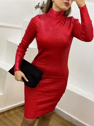 Kırmızı Varak Baskılı Triko Elbise