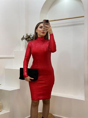 Kırmızı Varak Baskılı Triko Elbise