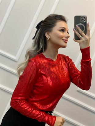 Kırmızı Varak Baskılı Zincir Örgü Model Triko