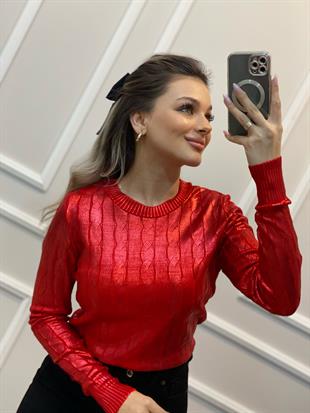 Kırmızı Varak Baskılı Zincir Örgü Model Triko