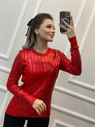 Kırmızı Varak Baskılı Zincir Örgü Model Triko