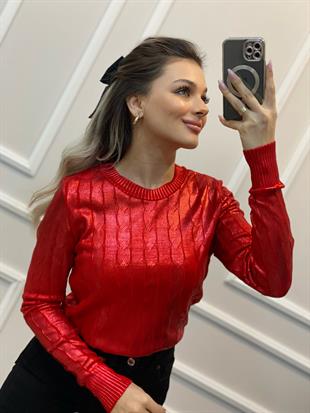 Kırmızı Varak Baskılı Zincir Örgü Model Triko