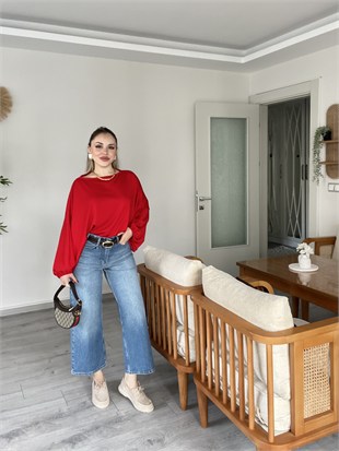 Kırmızı Yarasa Kol Oversize Modal Bluz