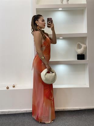 Kontrast Renk Desenli Sırt Dekolteli Floral Elbise