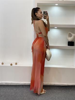 Kontrast Renk Desenli Sırt Dekolteli Floral Elbise