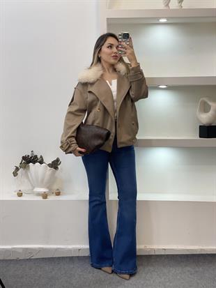 Koyu Bej Yaka Kürklü Süet Ceket