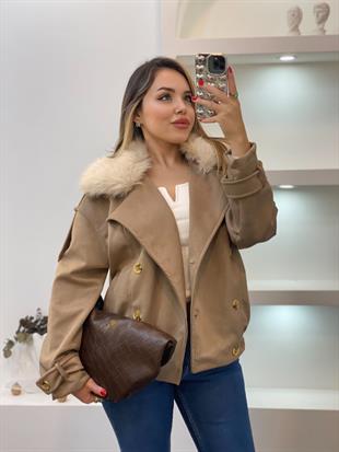 Koyu Bej Yaka Kürklü Süet Ceket