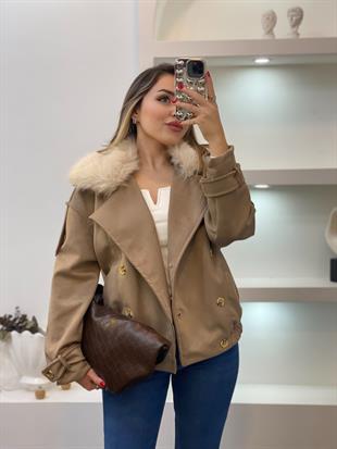 Koyu Bej Yaka Kürklü Süet Ceket
