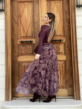 Koyu Bordo Desenli Beli Drapeli Etek