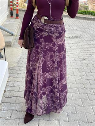 Koyu Bordo Desenli Beli Drapeli Etek