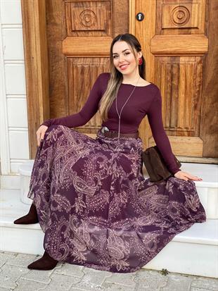 Koyu Bordo Desenli Beli Drapeli Etek