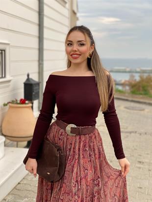 Koyu Bordo Kayık Yaka Basic Bluz
