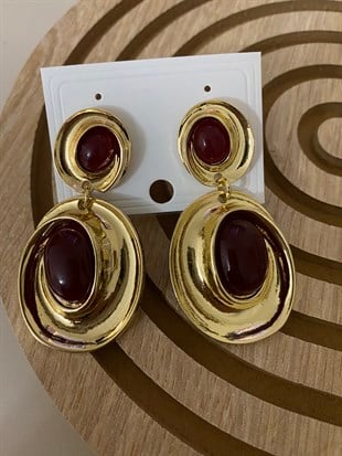 Koyu Bordo Taşlı Sallantılı Küpe 