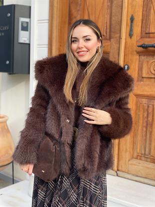 Koyu Kahve İthal Geniş Yaka Kürk