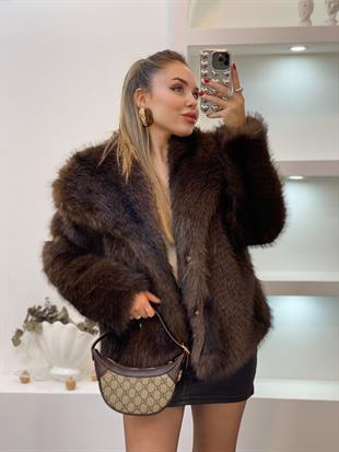 Koyu Kahve İthal Geniş Yaka Kürk