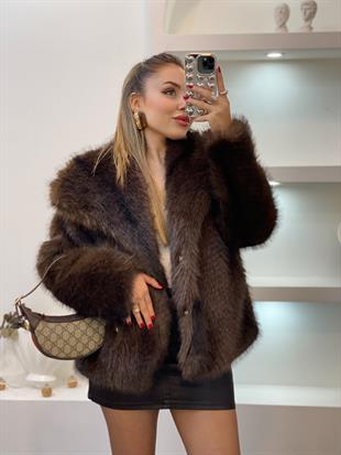 Koyu Kahve İthal Geniş Yaka Kürk