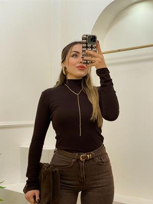 Koyu Kahve Renk Yarım Boğazlı Modal Kumaş Basic Bluz