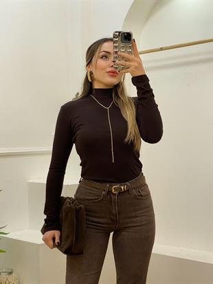 Koyu Kahve Renk Yarım Boğazlı Modal Kumaş Basic Bluz