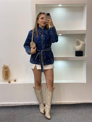 Laci Kuşaklı Model Droplu Kot Ceket 