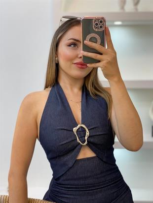 Laci Toka Detaylı Likralı Jean Elbise