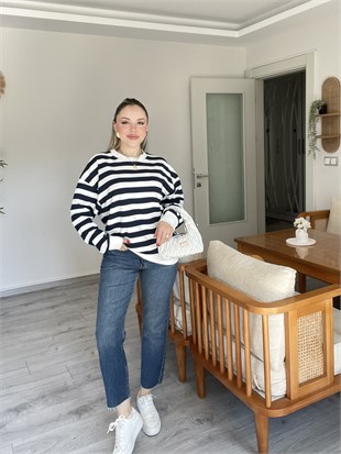 Lacivert Beyaz Çizgili Oversize Modal Sweatshirt 