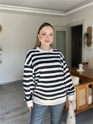 Lacivert Beyaz Çizgili Oversize Modal Sweatshirt 