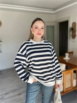 Lacivert Beyaz Çizgili Oversize Modal Sweatshirt 