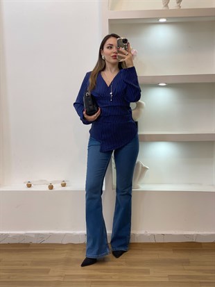 Lacivert Çizgili Asimetrik Kesim Bluz 
