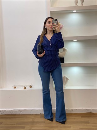 Lacivert Çizgili Asimetrik Kesim Bluz 