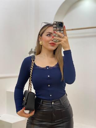 Lacivert Dantel Detay Fitilli Basic Bluz