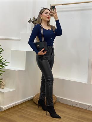 Lacivert Dantel Detay Fitilli Basic Bluz