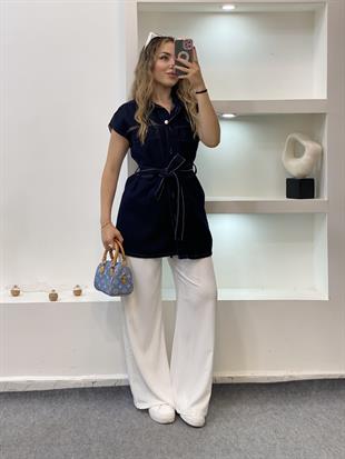 Lacivert Denim Kuşaklı Yelek