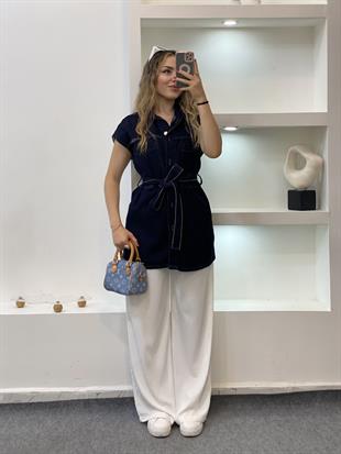 Lacivert Denim Kuşaklı Yelek
