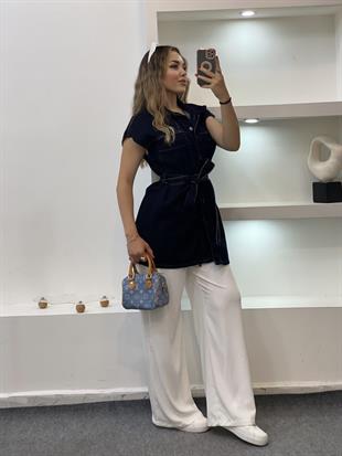 Lacivert Denim Kuşaklı Yelek