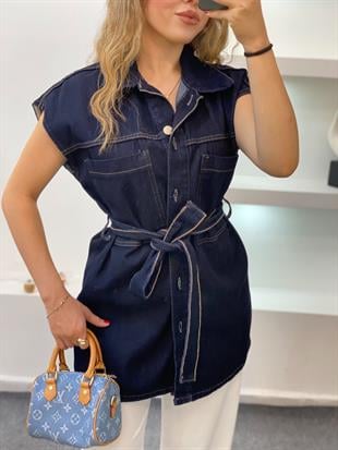 Lacivert Denim Kuşaklı Yelek