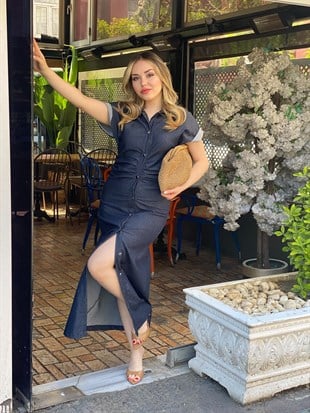 Lacivert Drapeli Likralı Jean Elbise