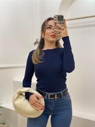 Lacivert Düğmeli Fitilli Basic Bluz