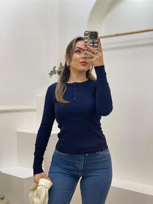 Lacivert Düğmeli Fitilli Basic Bluz